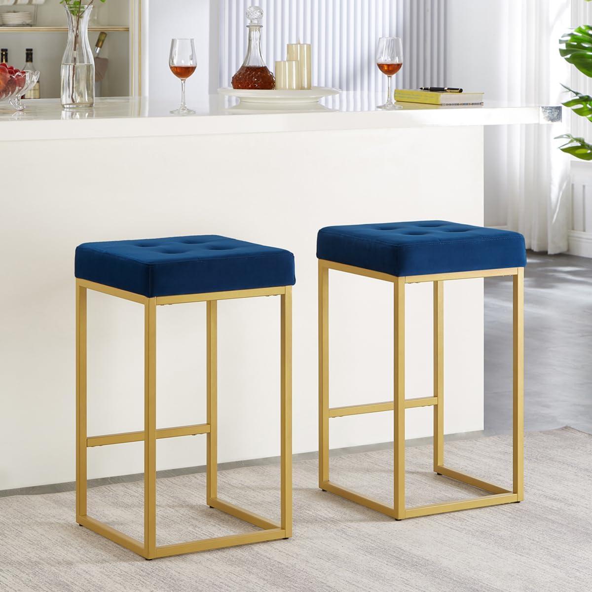 24KF Contemporary Counter Height Bar Stool Set of 2 for Kitchen Island, 26" H Velvet Padded Gold Barstool Bar Chair,5066-Navy