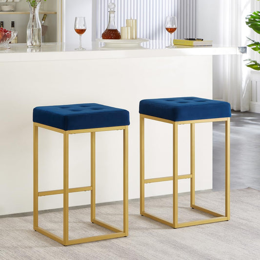 24KF Contemporary Counter Height Bar Stool Set of 2 for Kitchen Island, 26" H Velvet Padded Gold Barstool Bar Chair,5066-Navy
