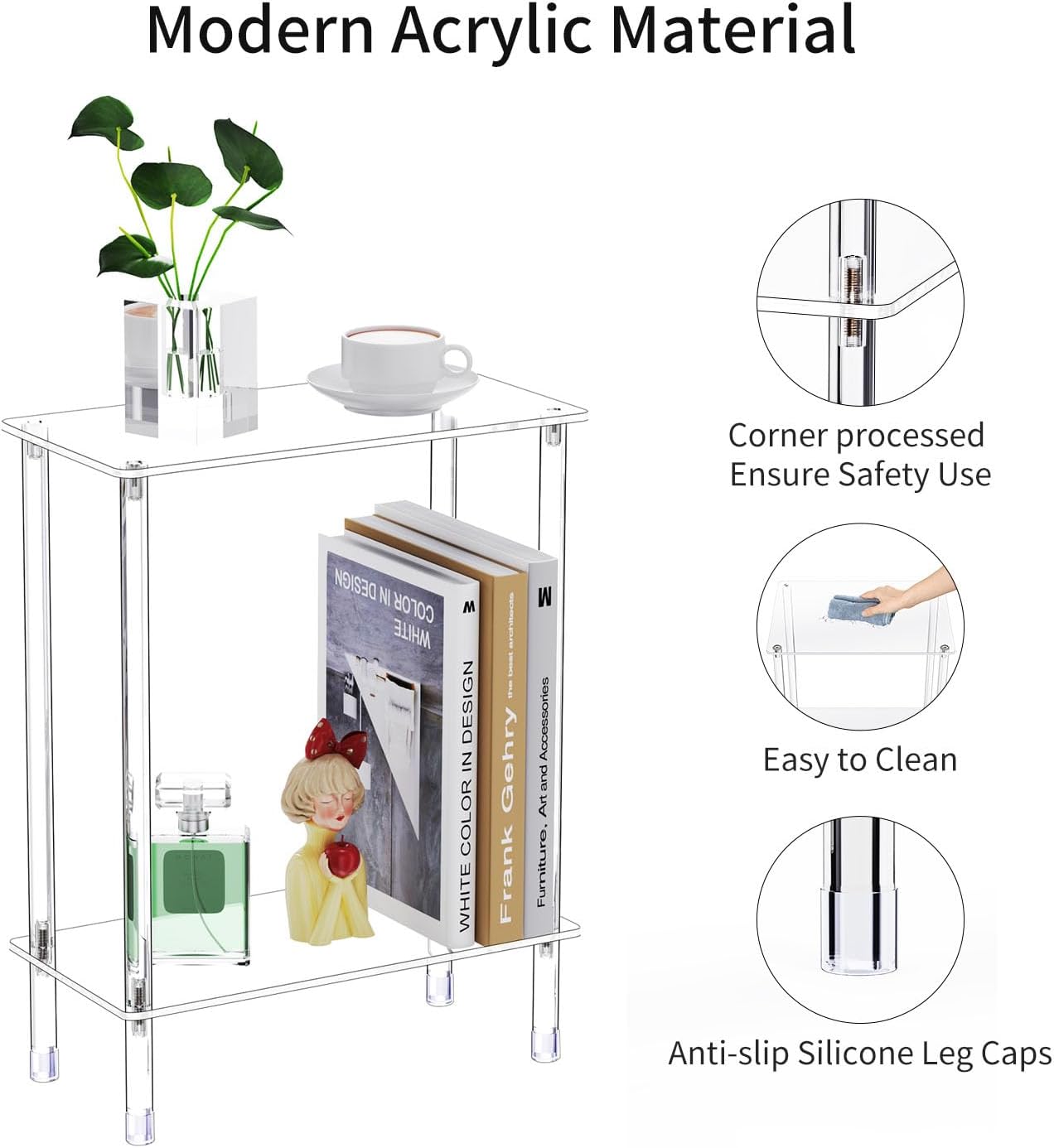 Clear Acrylic Narrow Side Table Set of 2 for Small Spaces, 15.75" L x 7.87" W x 19.82" H, 2 Tier Rectangle Slim End Table Nightstand, Small Bedside Table for Bedroom, Bathroom, Living Room
