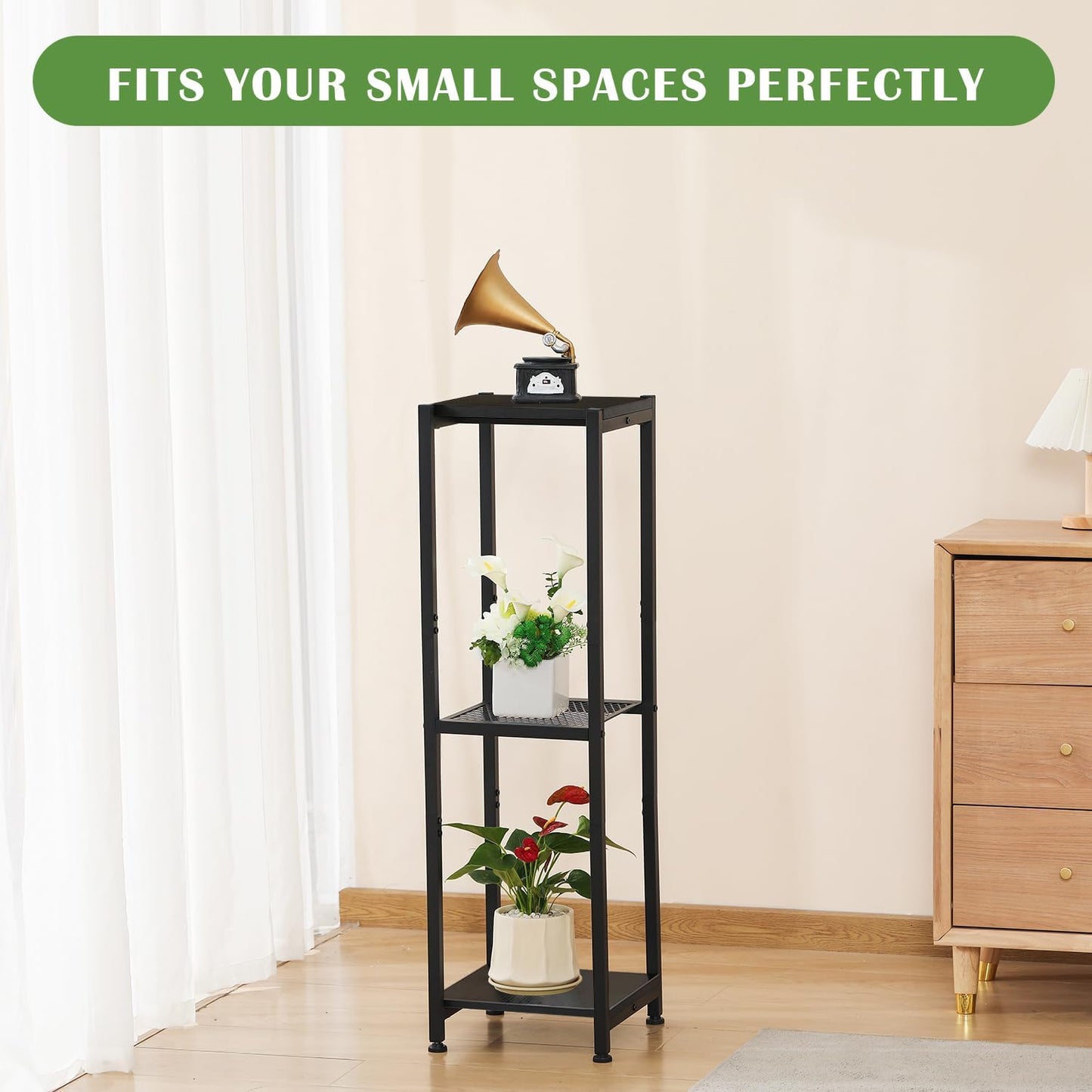 Extra Tall Plant Stand Indoor,40 Inch Plant Stands,3 Tier Metal Plant Stand with Heavy Duty Wood and Metal Mesh Shelf,Black