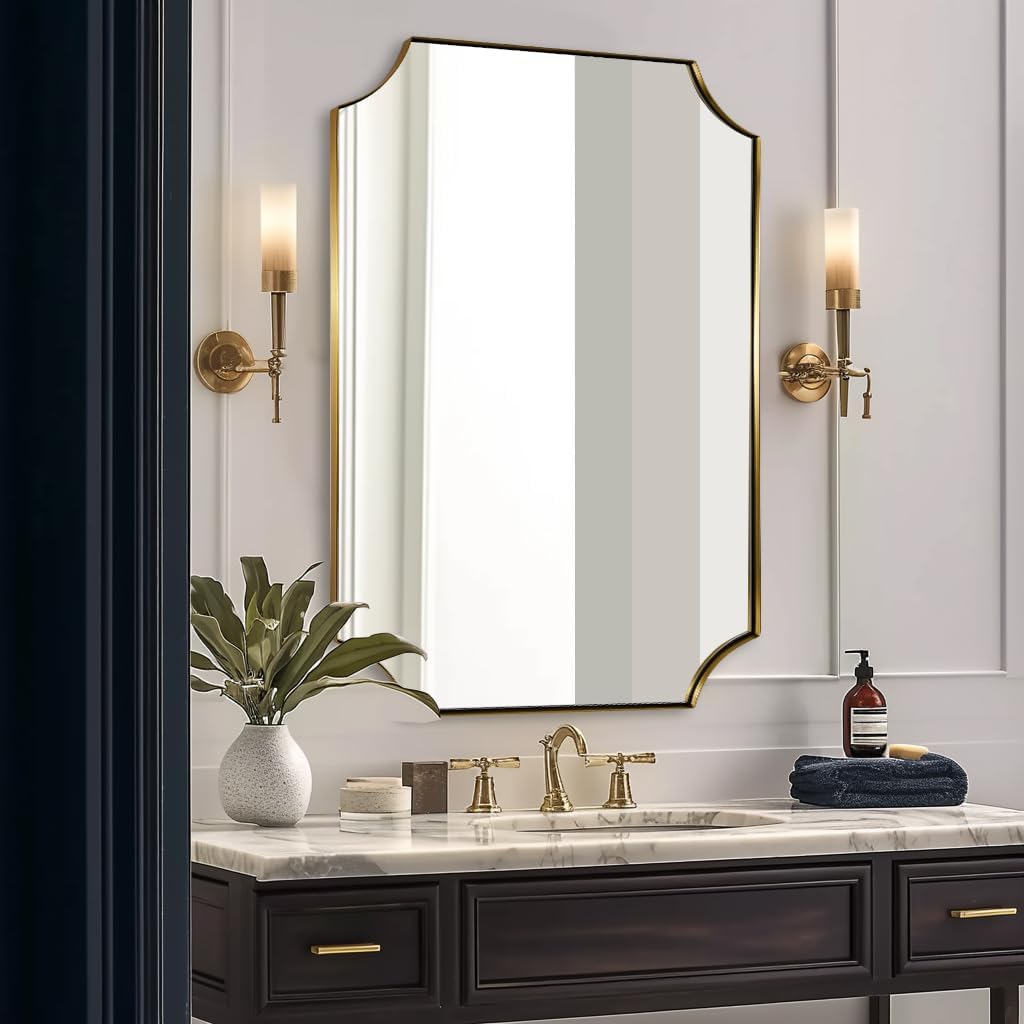 ANDY STAR Gold Scalloped Wall Mirror, 30x40 Brushed Gold Vanity Mirror, Large Rectangle Mirror in Never-Rust Stainless Steel Metal Frame, Wall Mount Vertical or Horizontal
