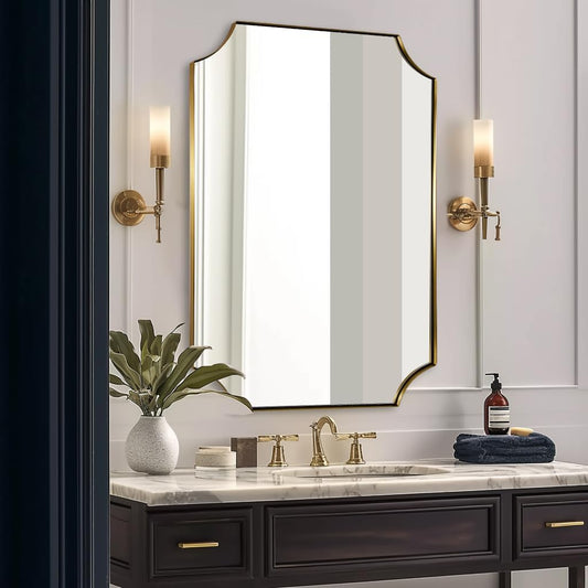 ANDY STAR Gold Scalloped Wall Mirror, 30x40 Brushed Gold Vanity Mirror, Large Rectangle Mirror in Never-Rust Stainless Steel Metal Frame, Wall Mount Vertical or Horizontal