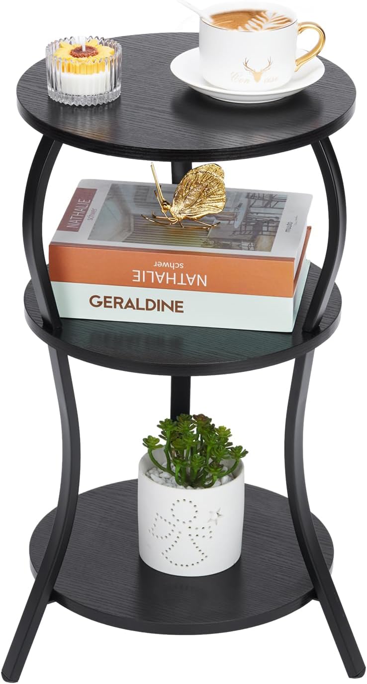 Vintage Small Round Side Table, 3-Tier Slim Waist Circular End Table with Storage Shelf, Compact Tea Sofa Side Table, Round Corner Coffee Table Nightstand for Living Room Bedroom Small Spaces,Black