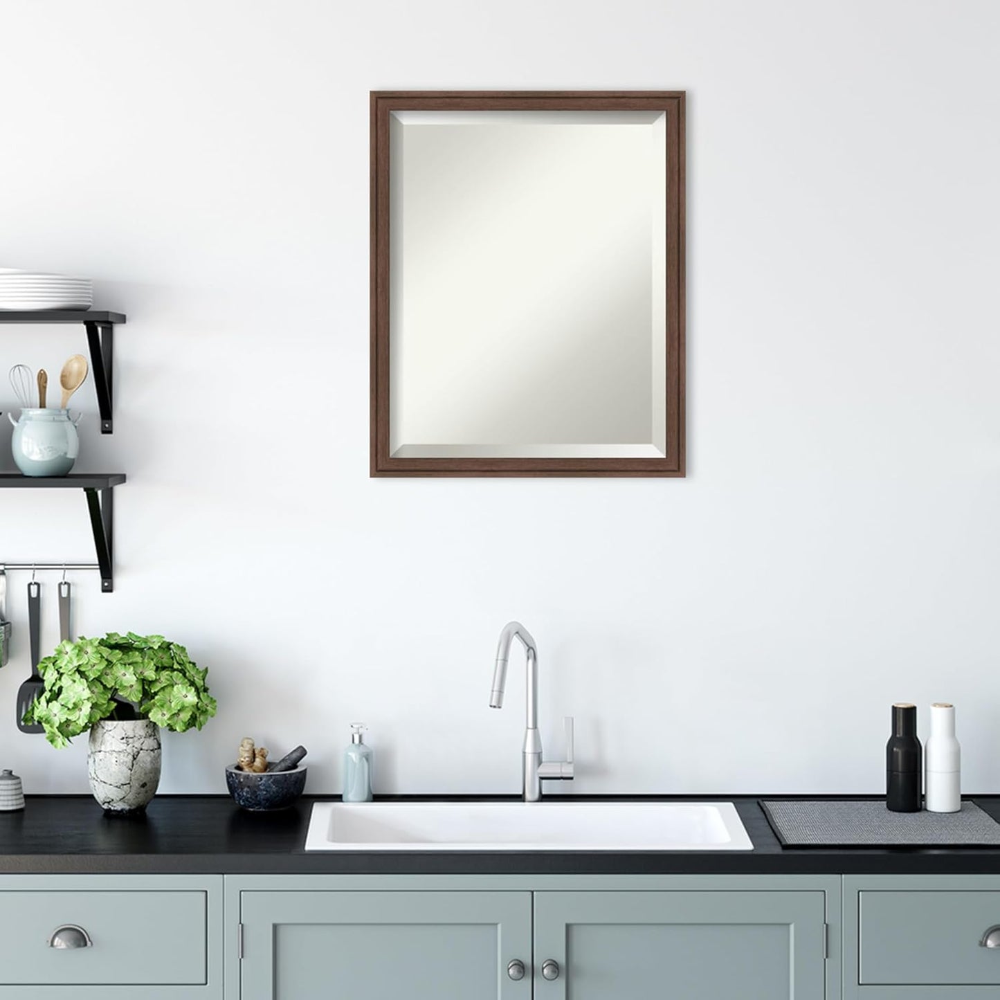 Amanti Art Brown Bathroom Mirror for Over Sink, 22x18 Florence Medium Brown Rectangle Vanity Mirror, Small Casual Frame, Hangs Horizonally and Vertically, Bathroom Wall Decor, Beveled Edge