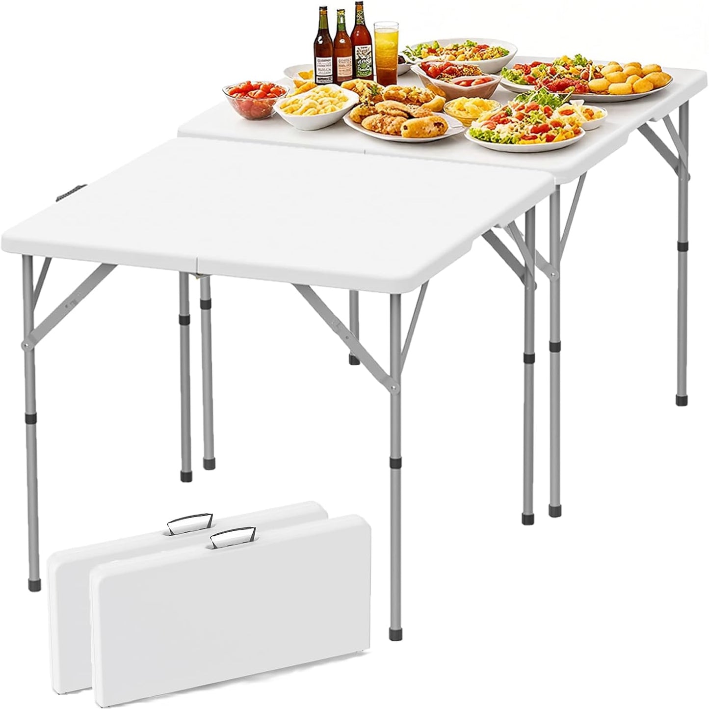 HLPB 34'' Square Folding Card Table 2 Pcs, Fold-in-Half Portable Dining Table with Handle and Safety Lock, Foldable Plastic Dining Table Indoor Outdoor for Camping, Picnic and Party Event, White