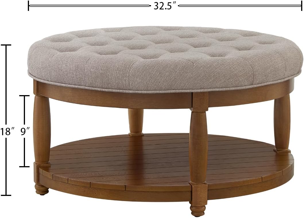 24KF Upholstered Round Coffee Table with Wooden Shelf, Tufted Button Large Round Ottoman with Spindle Wooden Legs, Linen Large Footrest Ottoman Pouf for Living Room, Linen