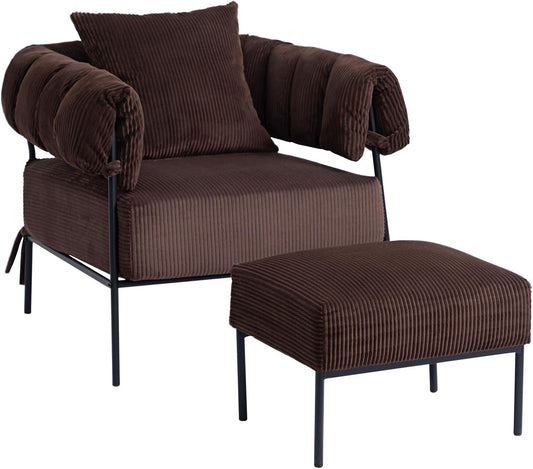 HollyHOME Modern Velvet Accent Chair with Ottoman, Upholstered Comfy Reading Chair and Footstool, Fabric Large Lazy Arm Chair and Stool, Lounge Sofa Chair for Living Room, Bedroom, Coffee Chair&Stool