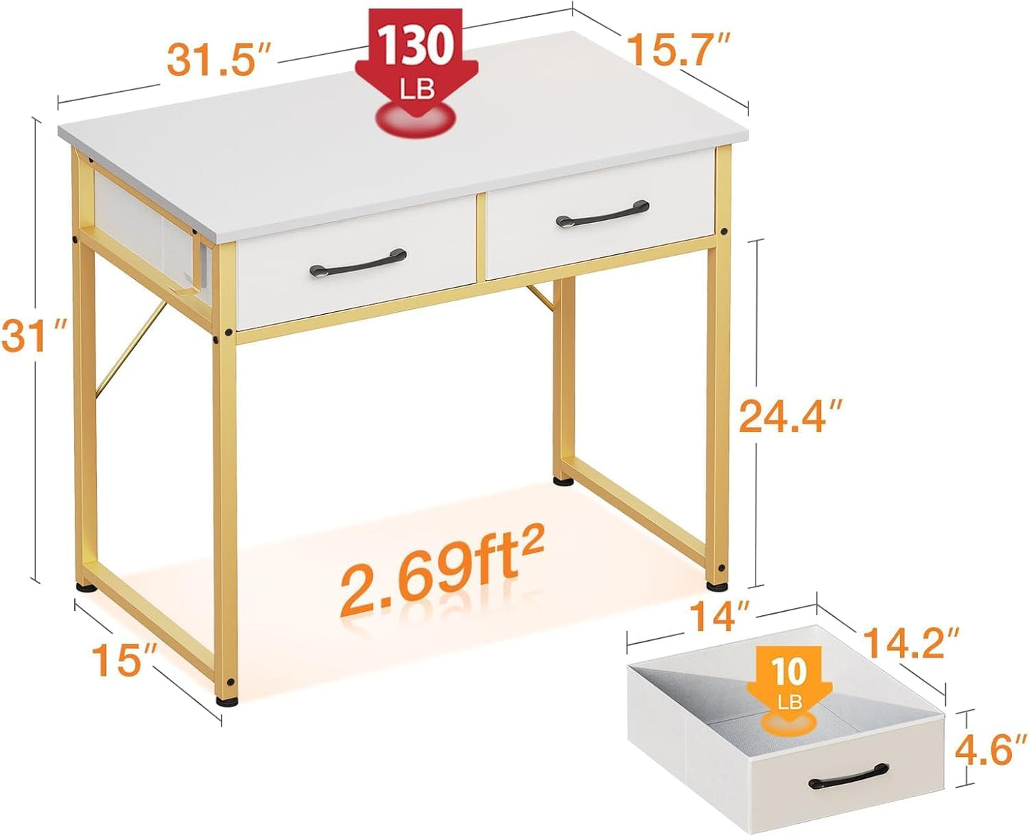 Casaottima 32 Inch Small Dressing Vanity Desk with 2 Drawers & Headphone Hook, Makeup Vanity Desk for Bedroom Without Mirror,Modern Space-Saving Design for Small Spaces White-Gold