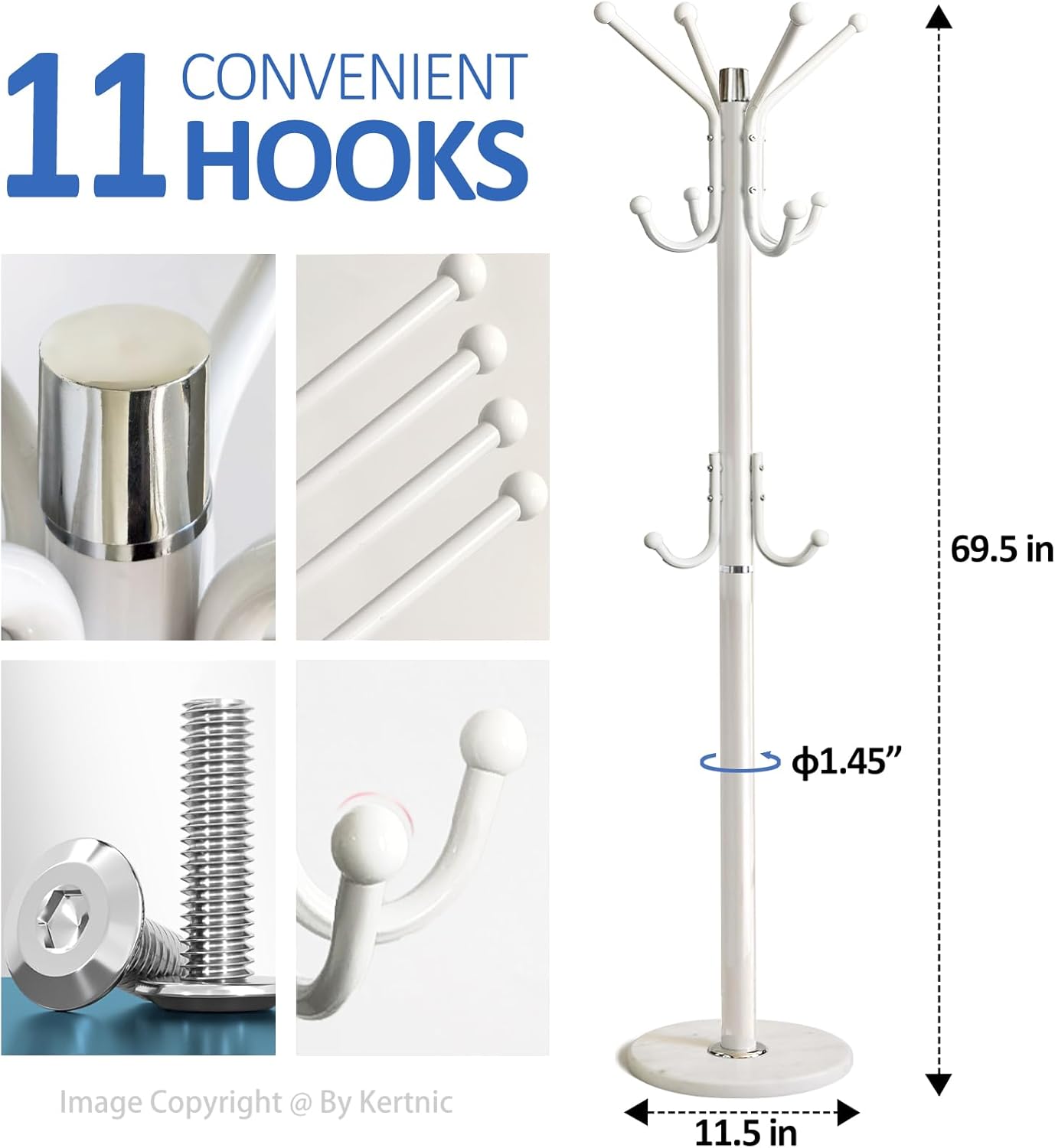 Kertnic Modern Coat Rack Freestanding with Natural Marble Base & Sturdy Metal Frame, 11 Hooks Hall Tree for Jackets, Hats, Bags, Entryway Organizer for Bedroom, Living Room, Closet (White)