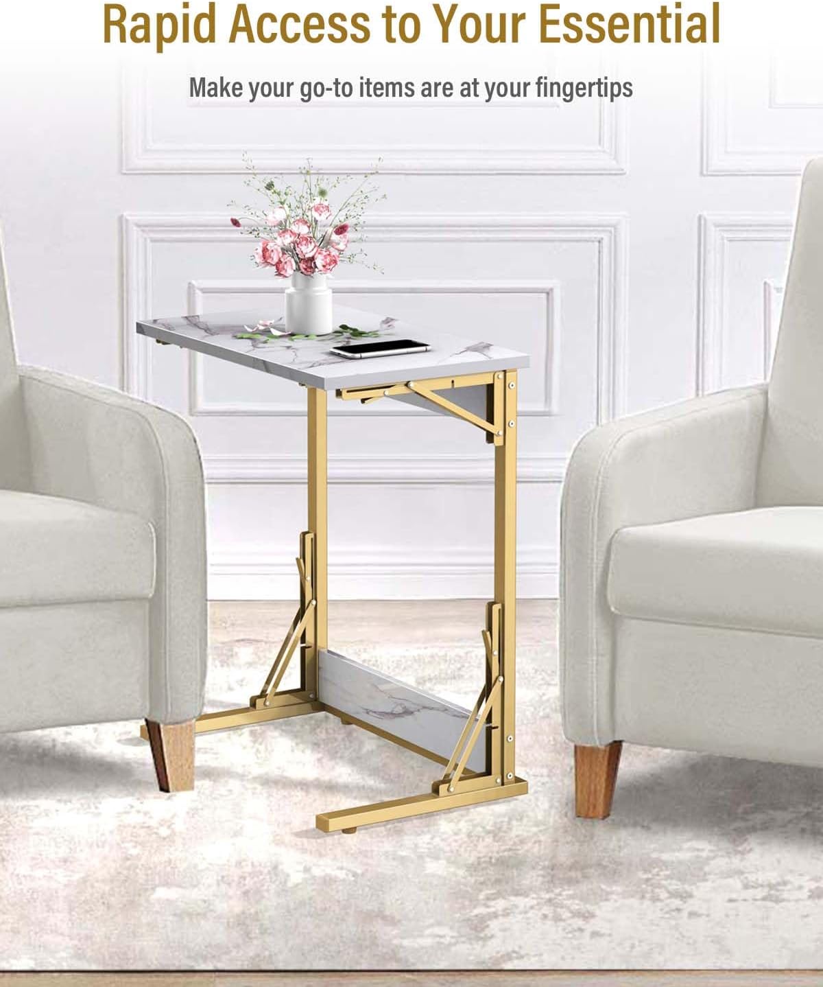 Tatub 24" Folding TV Tray Table, Marble C Shaped End Table for Couch, Small Sofa-Side Laptop Desk with Gold Metal Frame for Living Room, Bedroom, Bedside