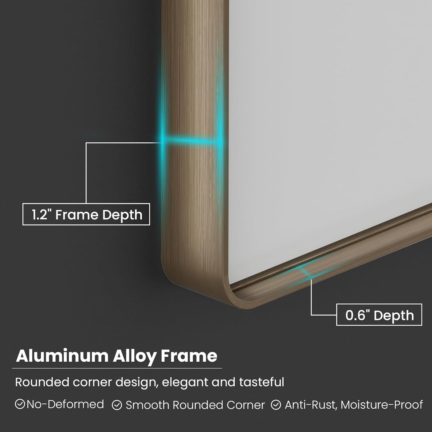 Bronze Bathroom Mirror 60x36 Inch, Brushed Bronze Metal Frame Mirror for Wall, Rounded Rectangle Bathroom Vanity Mirror with Tempered Glass, Anti-Rust, Horizontal/Vertical