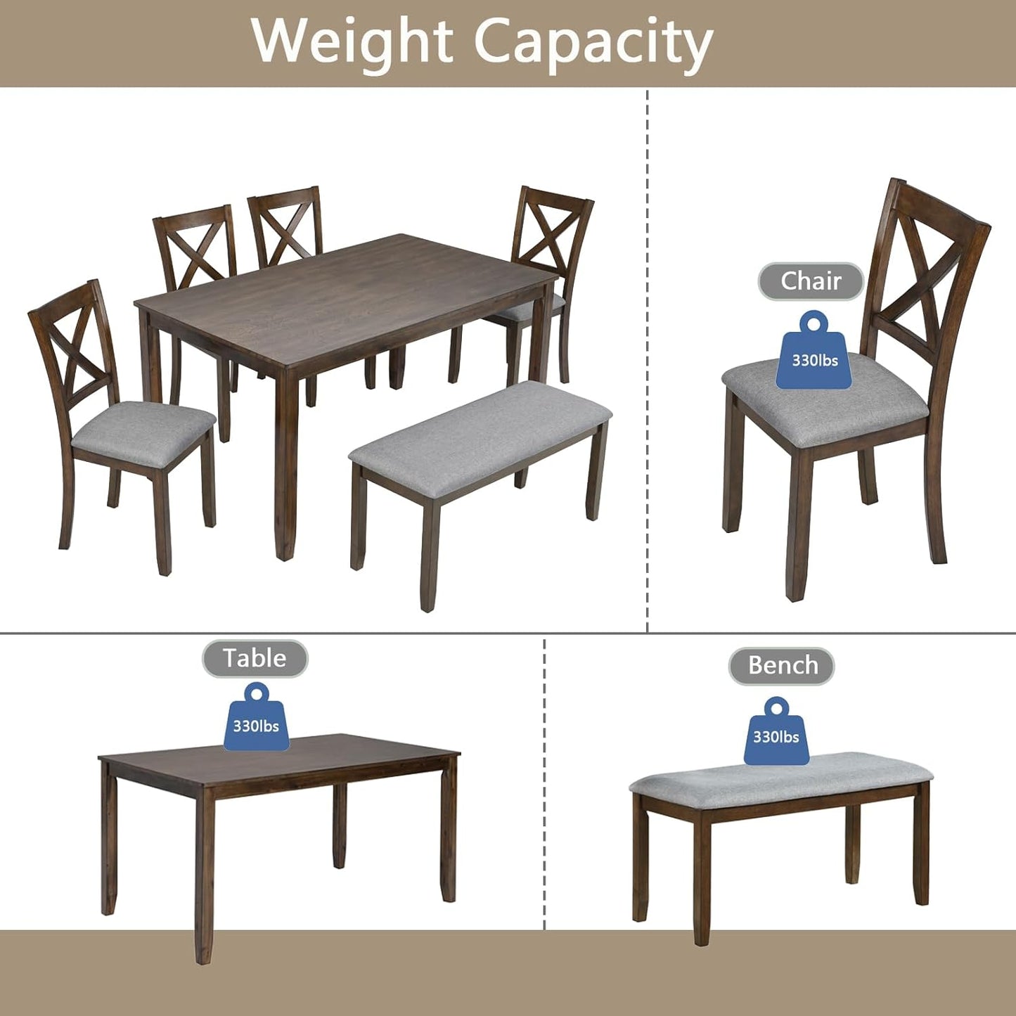 soges 6 Piece Kitchen Dining Set, Rectangular Wooden Dining Table with 4 Upholstered Chairs and a Bench, Dining Table Set for 6 People, Living Room, Home Bar and Kitchen, Walnut