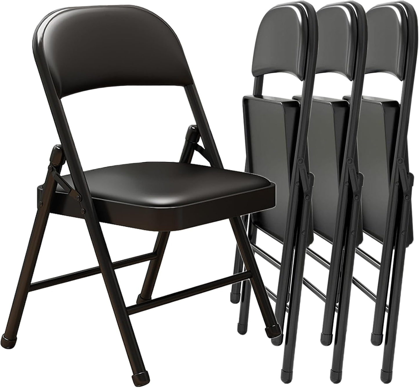Black Padded Folding Chairs with Cushion 4 Pack, Heavy Duty Steel Metal Frame Foldable Chair for Indoor and Outdoor, Portable Stackable Commercial Seat for Bedroom Patio Party Event