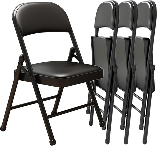 Black Padded Folding Chairs with Cushion 4 Pack, Heavy Duty Steel Metal Frame Foldable Chair for Indoor and Outdoor, Portable Stackable Commercial Seat for Bedroom Patio Party Event