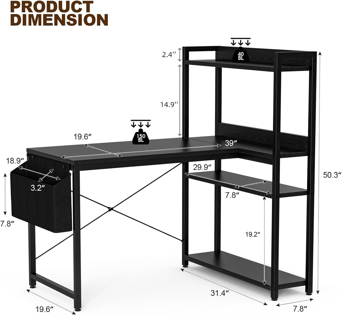 47 Inch L Shaped Computer Desk with Reversible Storage Shelves, Home Office Corner Desk Study Writing Table with Hutch, Study, Black