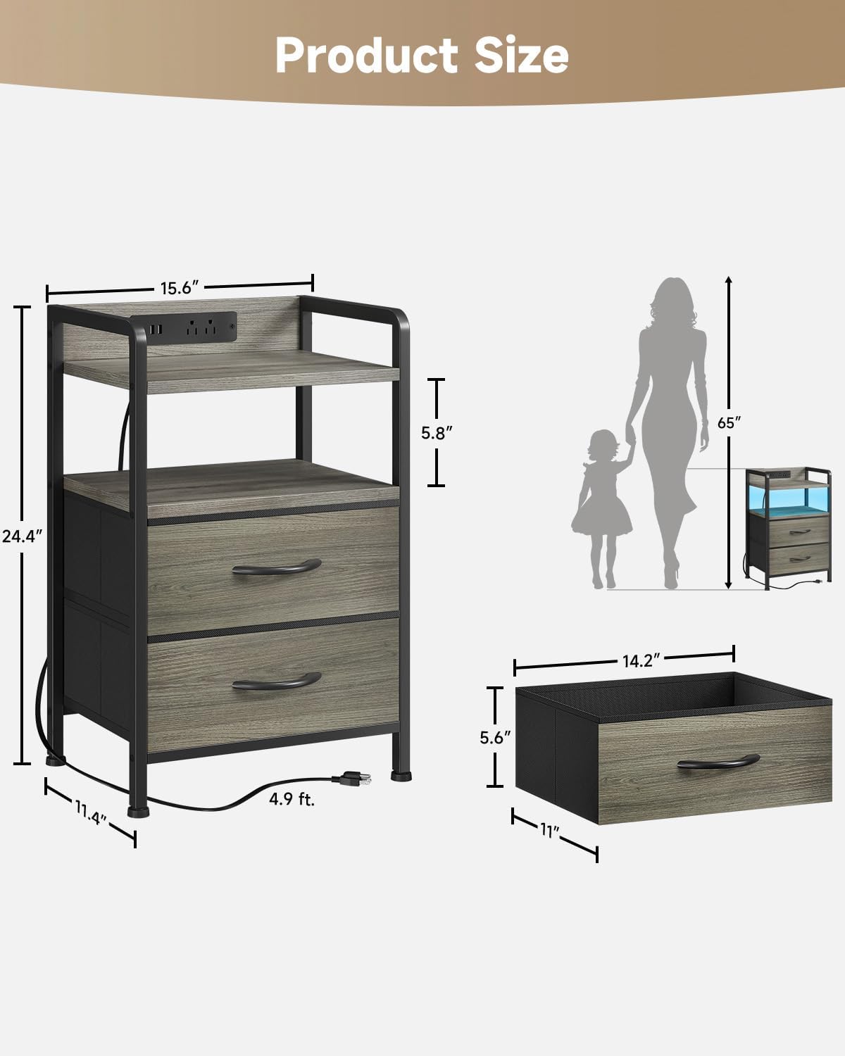 Night Stand Bedside Charger Bedroom - Grey Nightstand with Charging Station & LED Light Strip, Morden End Table with USB Ports & AC Outlets, Night Stand with Storage Shelf & 2 Fabric Drawers