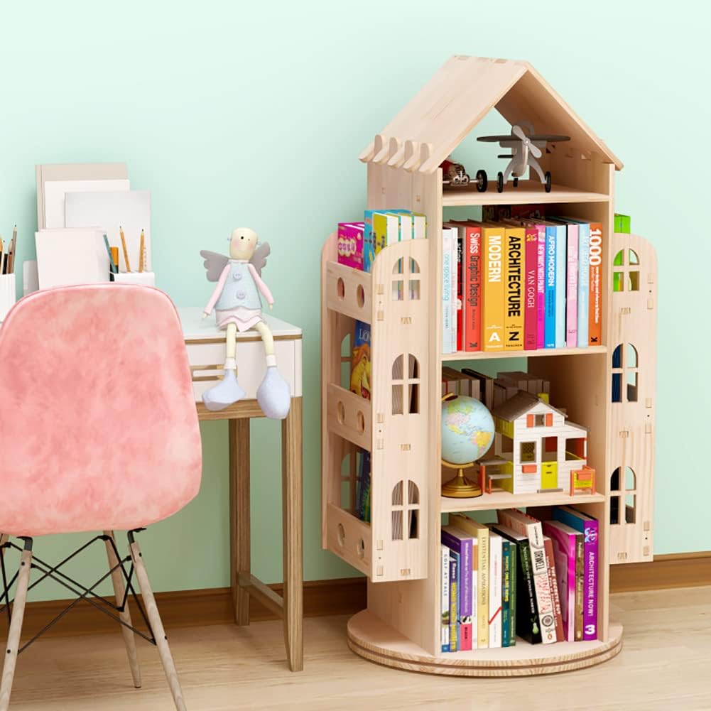 Rotating Bookshelf, 360 Display Floor Standing Bookcase Storage Rack, Wood Storage Organizer for Kids