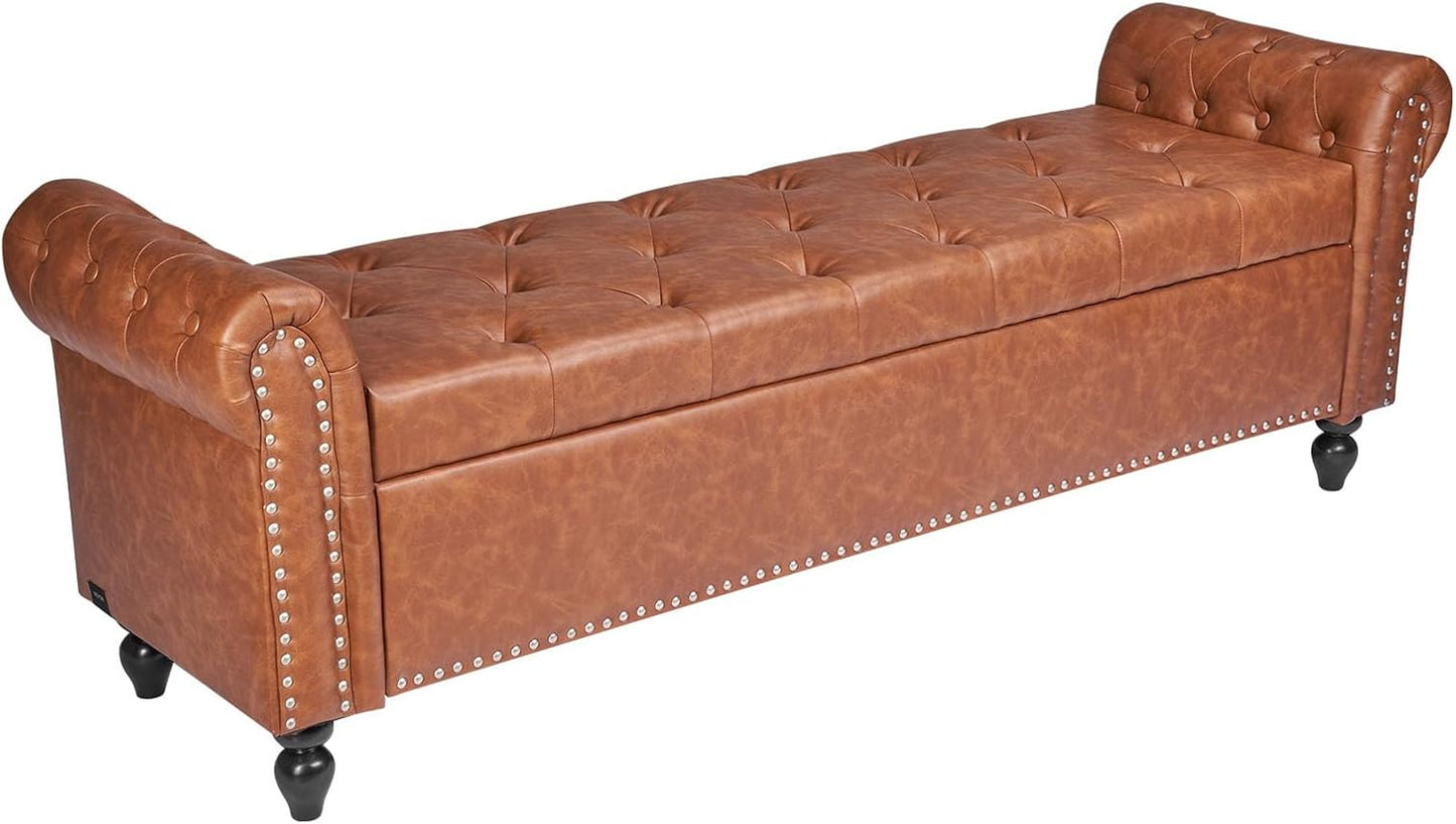 VEVOR Button-Tufted Storage Ottoman Bench, Rolled Arm PU Leather Bench with Solid Wood Legs, Modern Shoe Benches Seat for Entryway, Upholstered End of Bed Benches for Living Room, Dining Room, Brown