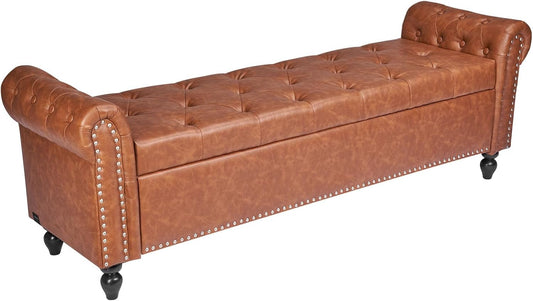 VEVOR Button-Tufted Storage Ottoman Bench, Rolled Arm PU Leather Bench with Solid Wood Legs, Modern Shoe Benches Seat for Entryway, Upholstered End of Bed Benches for Living Room, Dining Room, Brown