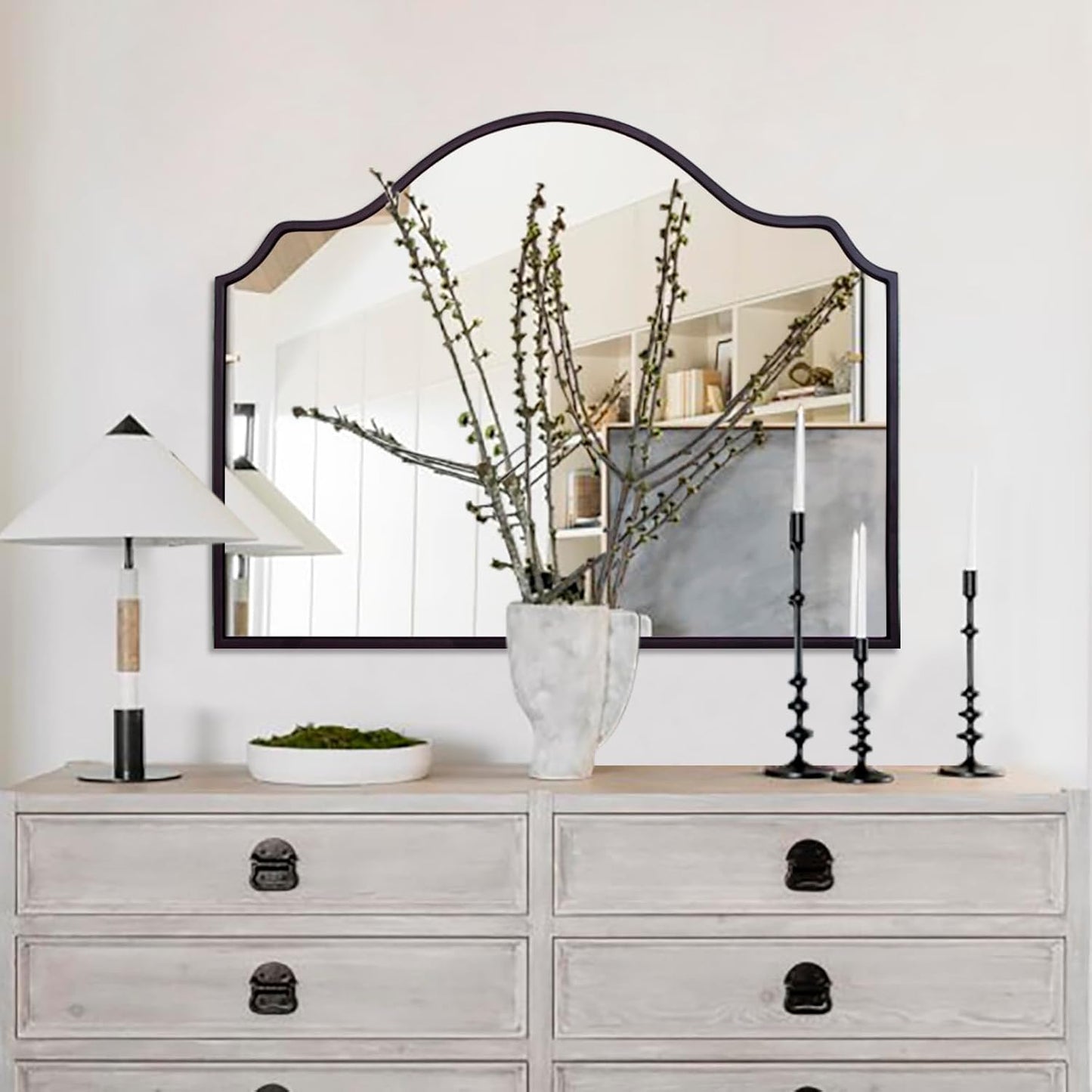 Chende Black Wall Mirror, Antique Arched Mirror for Fireplace Decor with Wooden Frame, 40'' x 28'' Elegant Scalloped Mirror for Living Room, Dining Room, Entryway