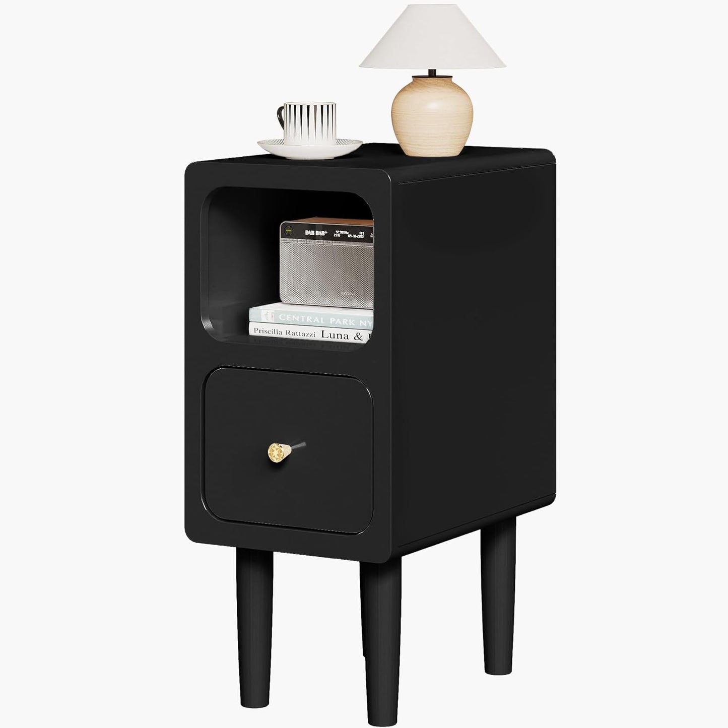 Narrow Nightstand, Solid Wood Night Stand with Drawers, Black Mid Century Modern Nightstand, Small Beside Table with Open Storage Shelf for Bedroom (10 inch)