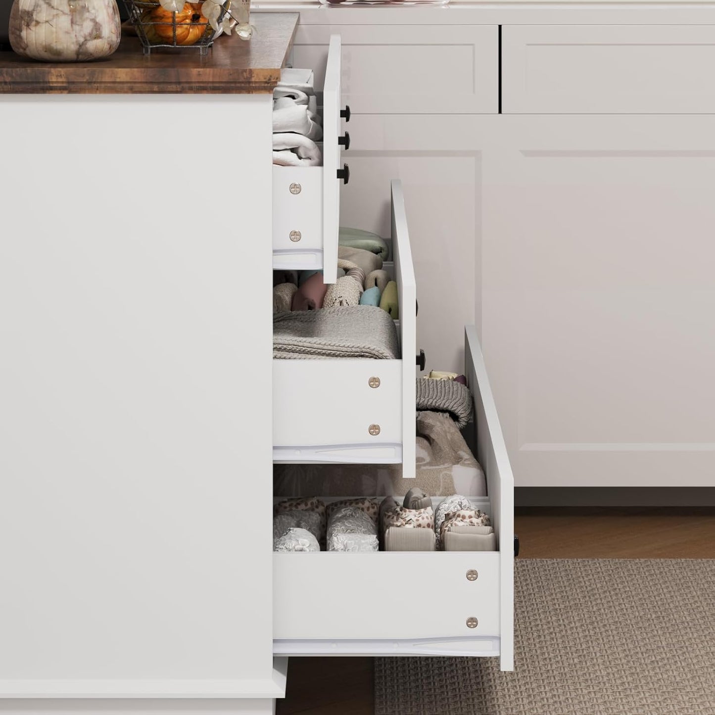 57" Wooden Dresser with 9 Drawers, Modern Farmhouse Furniture Organizer, Chest of Drawers with Rustic Top, Bedroom Storage Cabinet for Clothes, Accessories, Living Room, or Entryway, White