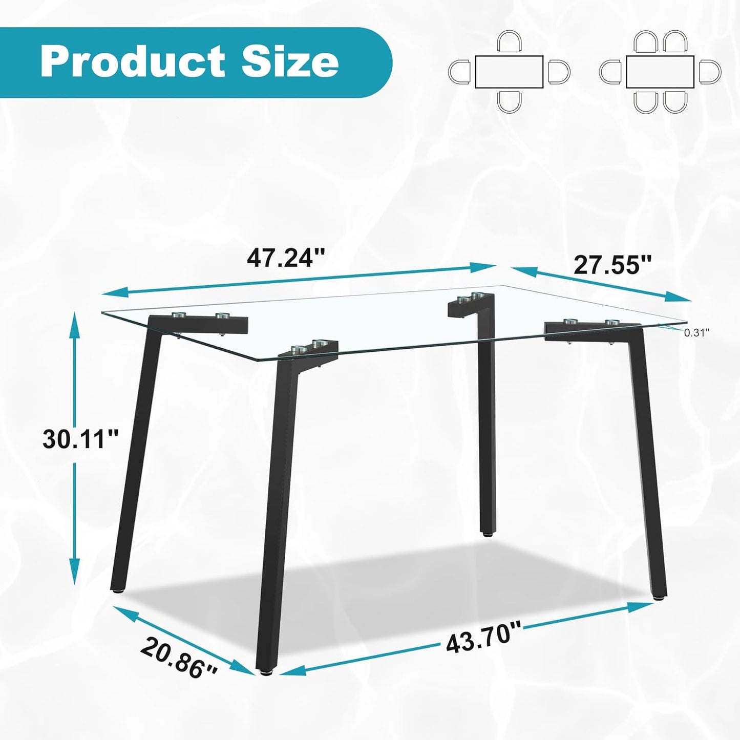 Dining Table for 6 Kitchen Table 51" Rectangular Modern Glass Dining Table Kitchen & Dining Room Tables with Glass Tabletop and Metal Legs for Dining Room and Kitchen, Black