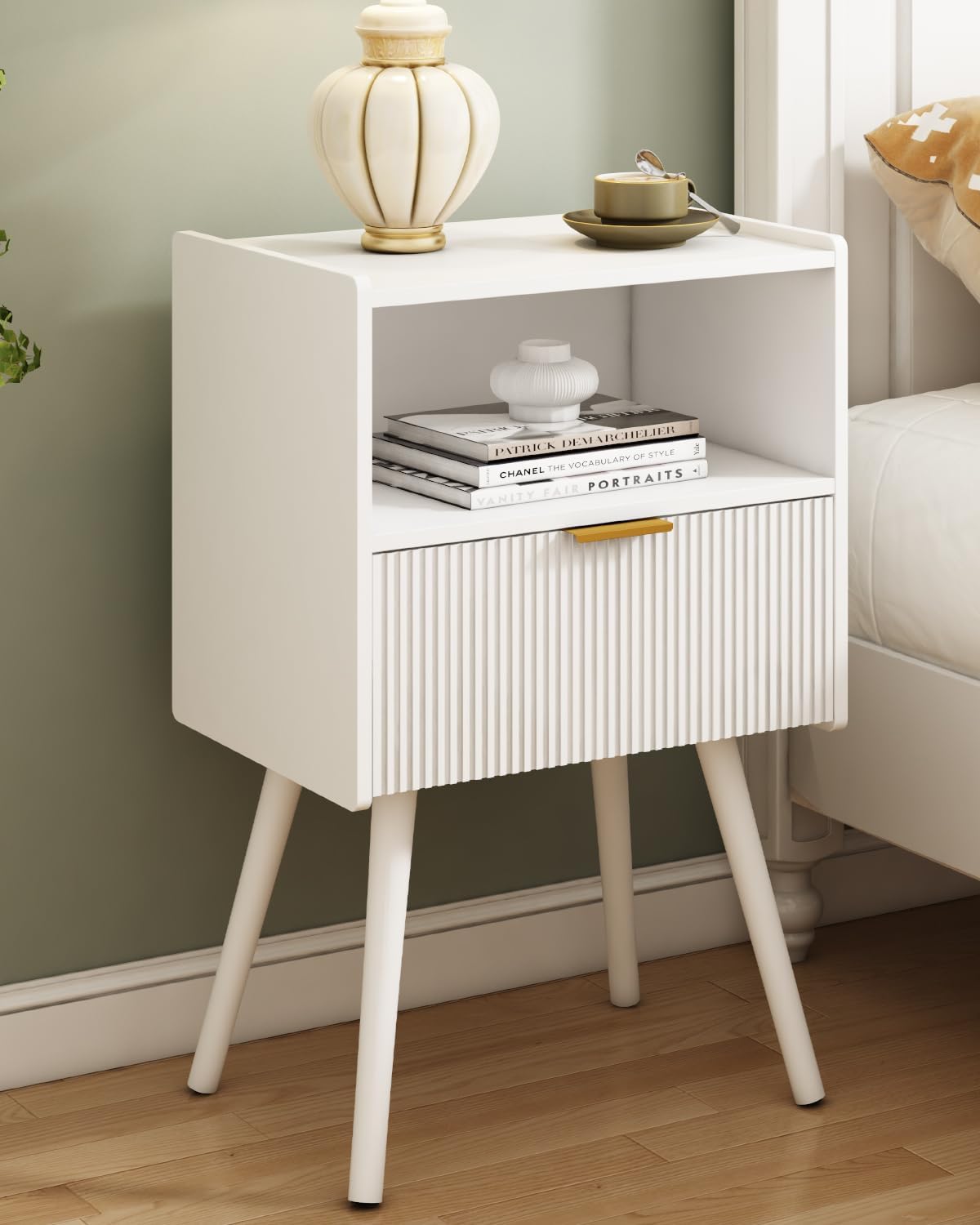 White Nightstand,Modern Bedside Table with Storage Drawer and Open Wood Shelf, for Living Room, Bedroom and Small Spaces, Accent Night Stand with Solid Wood Legs, Easy Assembly,Classic White