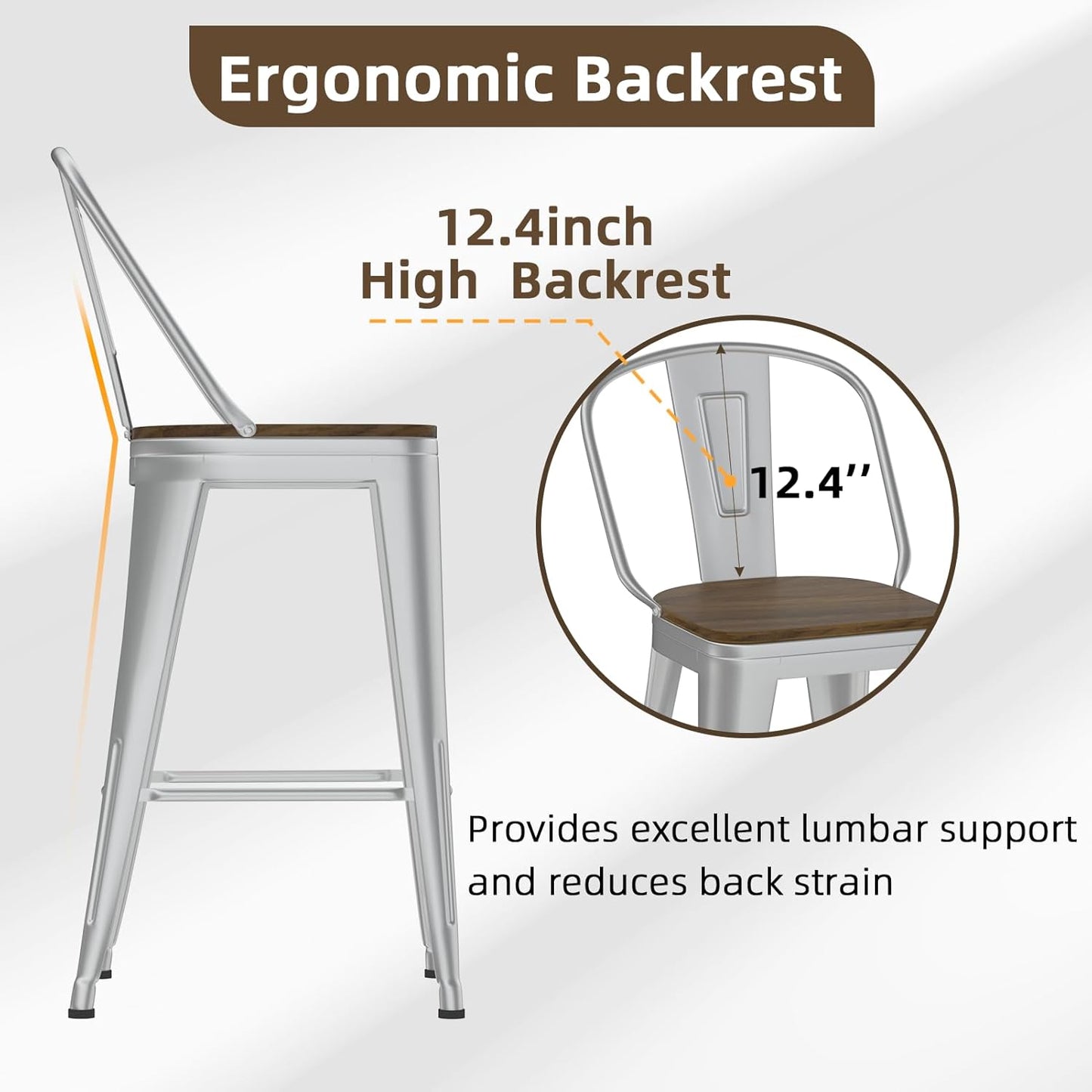 30” Swivel Bar Stools Set of 4, Counter Height Bar Stools Wooden Seat, Metal Industrial Bar Chairs with High Back for Kitchen Island (Silver)