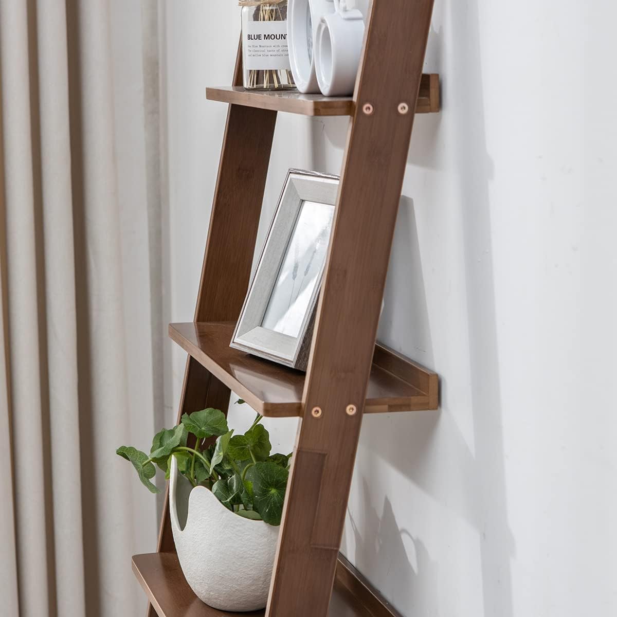 Maydear Bamboo Ladder Shelf Bookcase, 4-Tier Leaning Bookshelf Free Standing Organizer Storage Shelves for Living Room, Bedroom, Kitchen, Home Office, Balcony (Walnut)