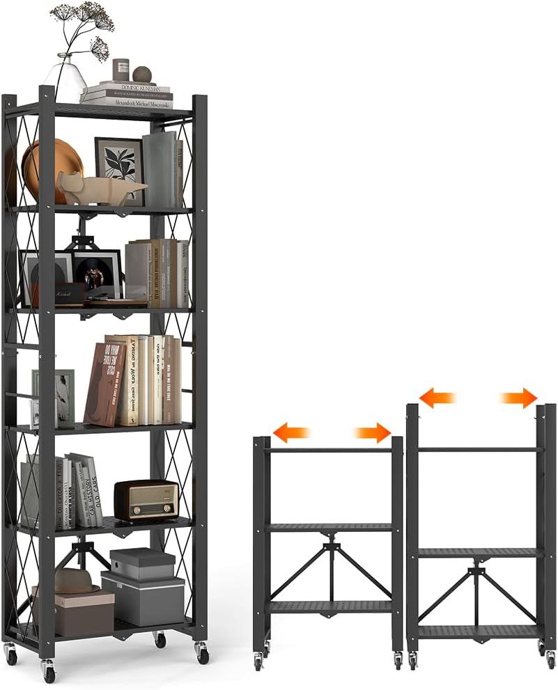BAYOYONI 6 Tier Industrial Bookshelf - Storage Shelves with Two Usage Modes - Foldable Metal Bookshelves for Living Rooms, Offices, and Bedrooms (Black, 6 Tier)