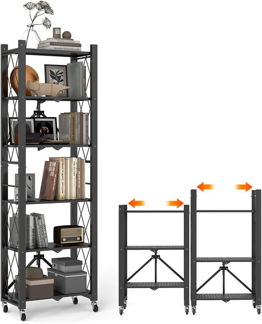 BAYOYONI 6 Tier Industrial Bookshelf - Storage Shelves with Two Usage Modes - Foldable Metal Bookshelves for Living Rooms, Offices, and Bedrooms (Black, 6 Tier)
