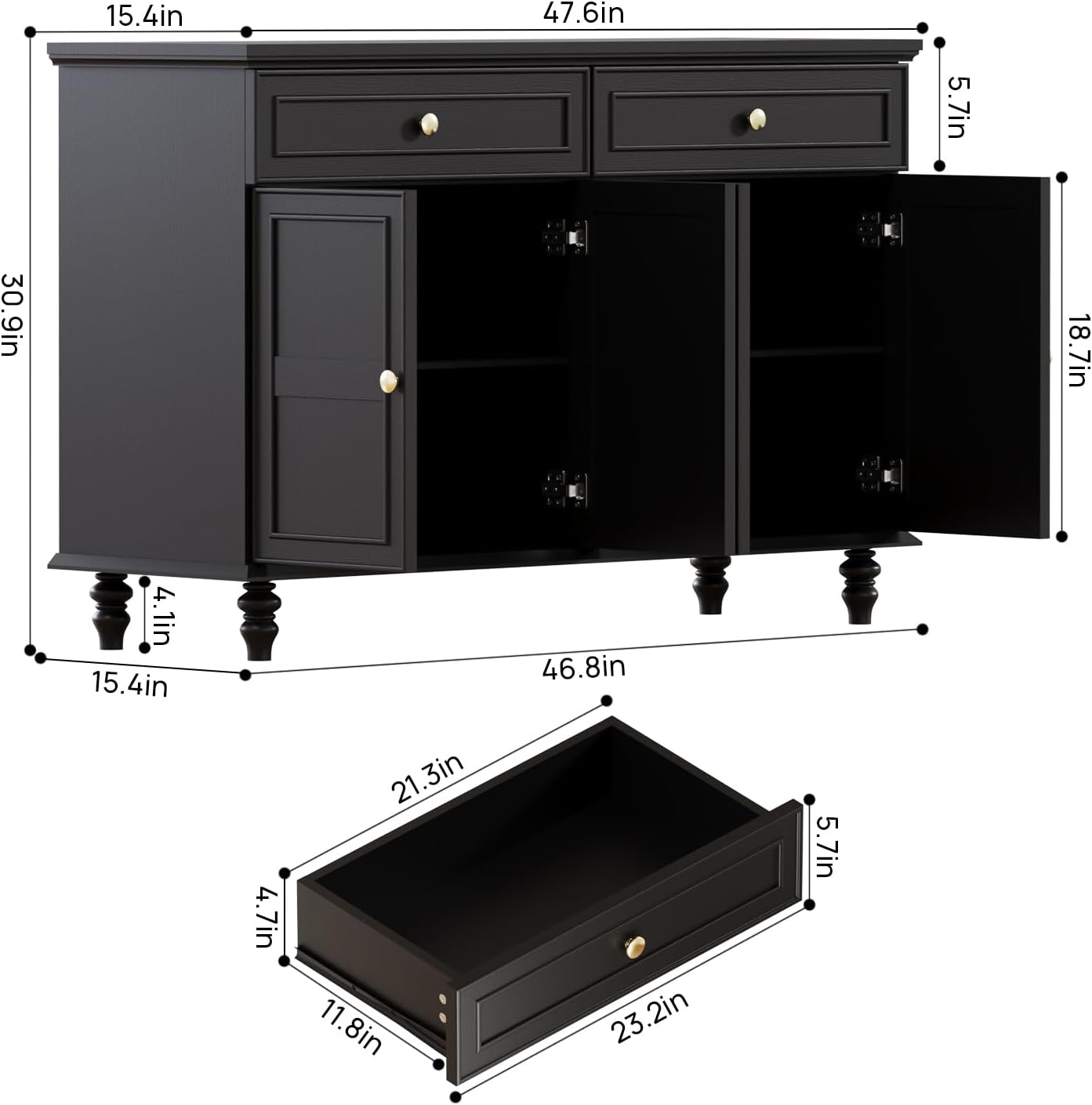 47.6" Buffet Sideboard with 2 Drawers and 4 Doors, Wooden Kitchen Storage Cabinet with Adjustable Shelves, Rustic Top Console Table for Dining Room, Kitchen, or Entryway,Black