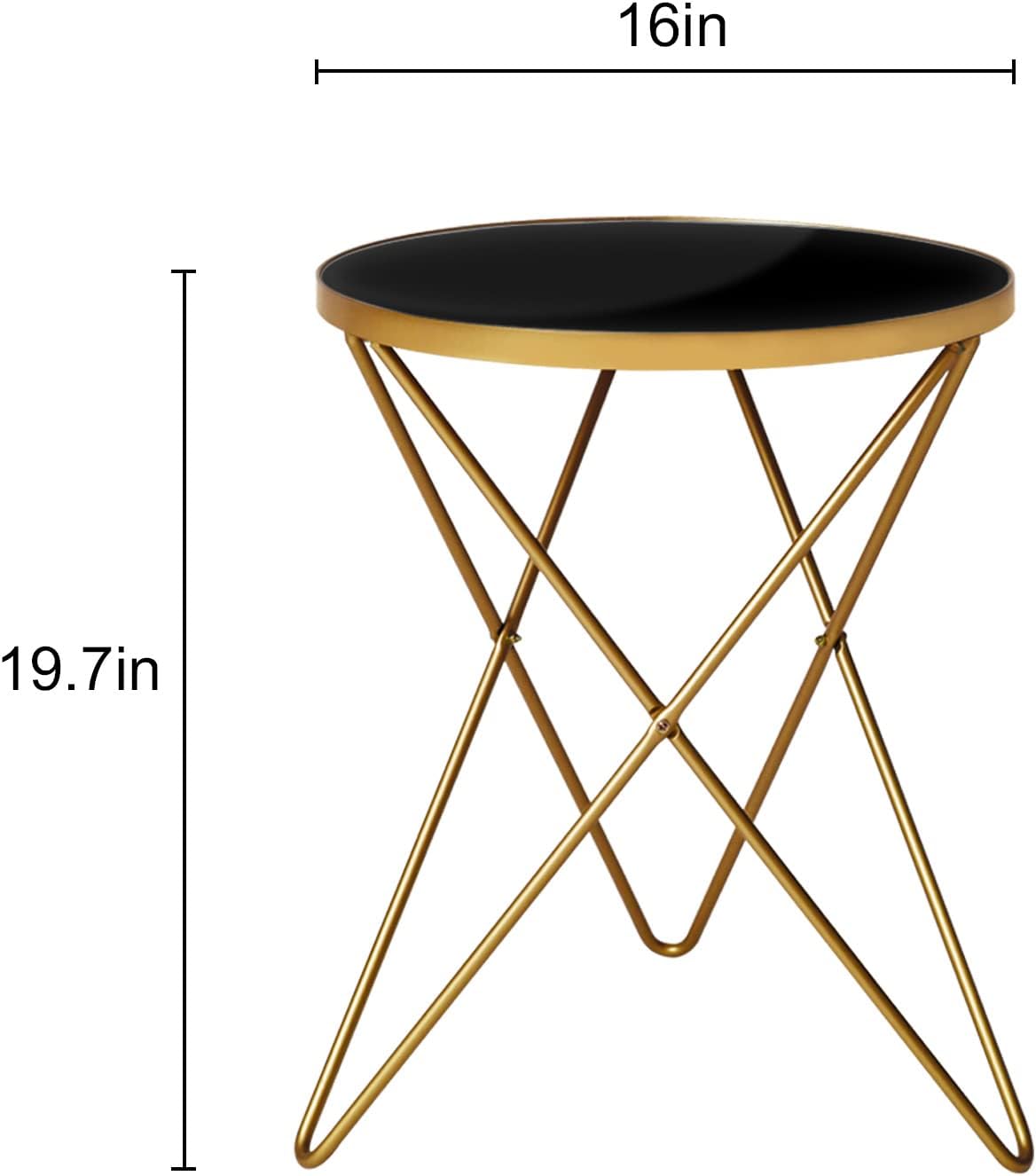 HLR Modern Round Side Table, End Table with Marble Effect Top and Gold Metal Frame, Small Side Table for Living Room, Bedroom, Sofa and Couch, Gold Legs, Black Glass top