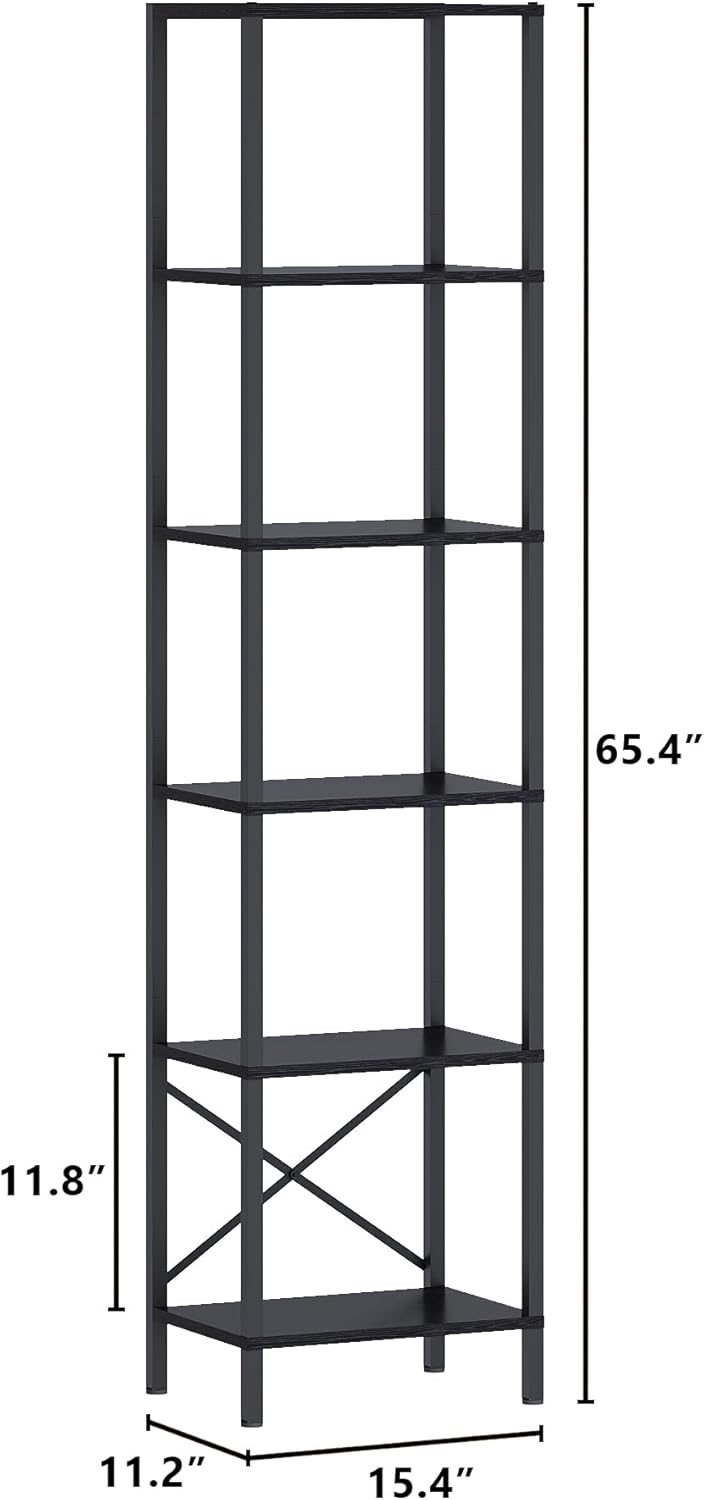 6-Tier Bookshelf, Tall Narrow Bookcase with LED Lights, Book Shelf with Steel Frame, Display Storage Shelf for Living Room, Bedroom, Home Office, Study, Balcony, Black