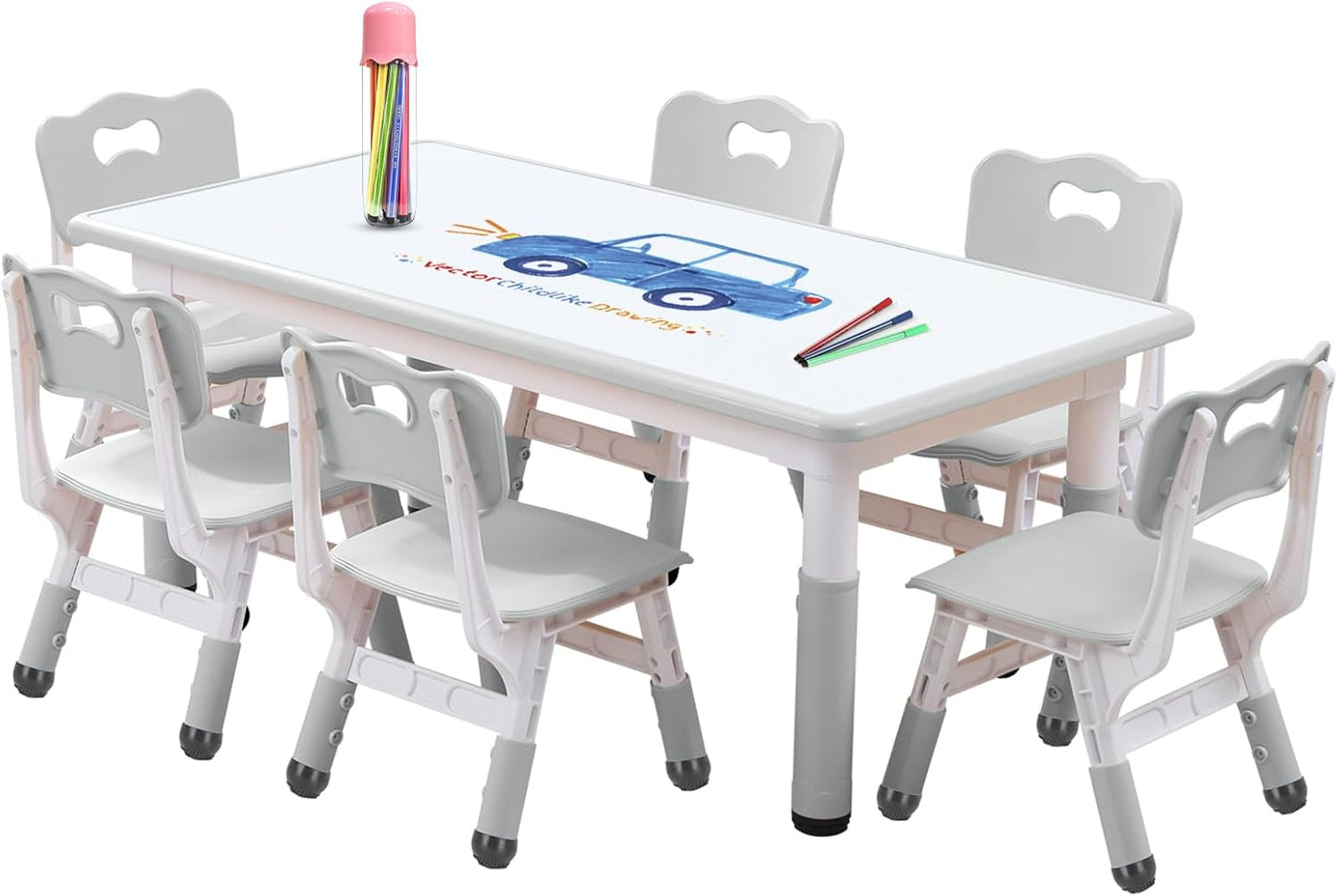 Kids Table and Chair Set, Snow Grey, Upgraded Plastic, 47.2x28.0 inches, Adjustable Height, Whiteboard Style, Includes 12 Color Pens