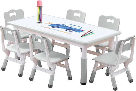 Kids Table and Chair Set, Snow Grey, Upgraded Plastic, 47.2x28.0 inches, Adjustable Height, Whiteboard Style, Includes 12 Color Pens