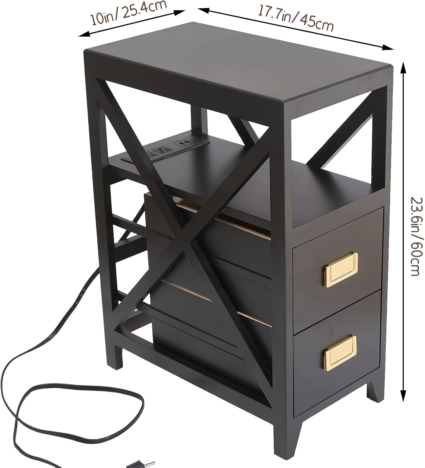 Fully Assembled Narrow Side Table with Charging Station, No Assembly Narrow Nightstand with USB Ports, Pre Assembled Skinny End Table with Outlets for Living Room, Bedroom-Black
