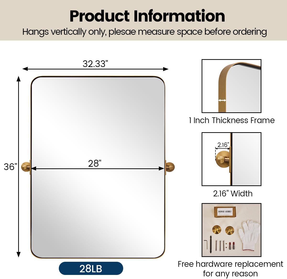 MOON MIRROR Gold Brass Pivot Rounded Rectangle Bathroom Mirror, Brushed Gold Tilt Mirror, Overall 32.33 x 36 in (Mirror 28x 36 in)