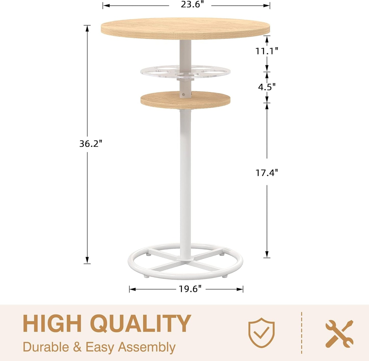 VECELO 36” High Top Bar Table, Sturdy Frame with Metal Base for Cocktail, Pub, Easy Assembly, Oak