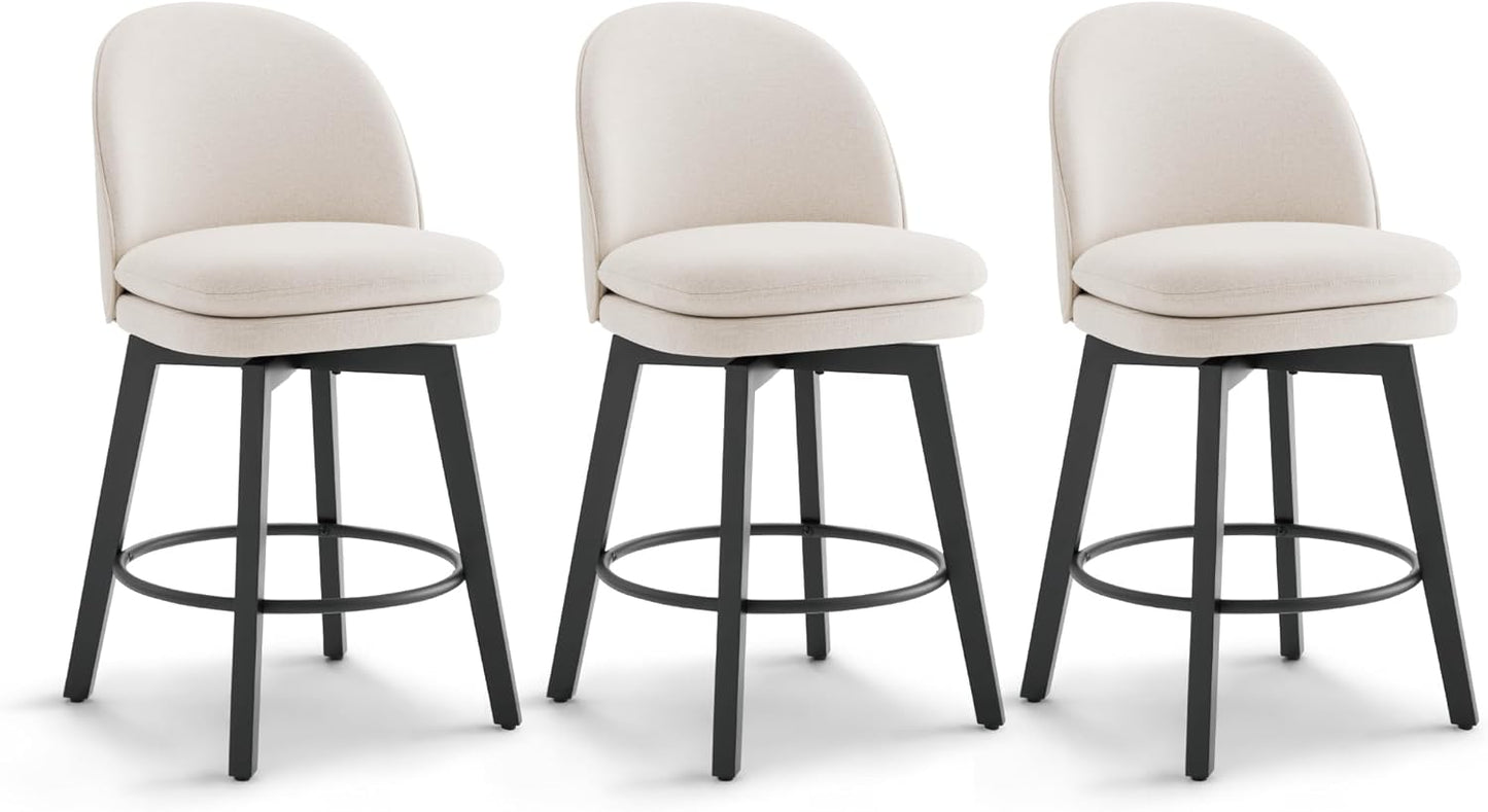 Counter Height Barstools 26 inch Upholstered Swivel Bar Stools with Back and Wood Legs for Kitchen Island,Set of 3,Beige Fabric-Armless