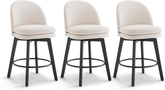 Counter Height Barstools 26 inch Upholstered Swivel Bar Stools with Back and Wood Legs for Kitchen Island,Set of 3,Beige Fabric-Armless