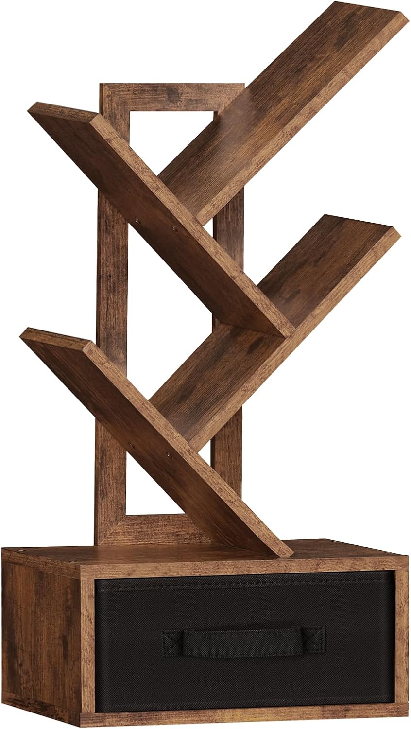 Small Bookshelf with Drawer,4 Tier Tree Book Shelf,Wood Desk Bookshelves,Modern Free Standing Desktop Display Shelves,Brown Floor Standing Organizer Bookcase for Living Room,Bedroom,Office