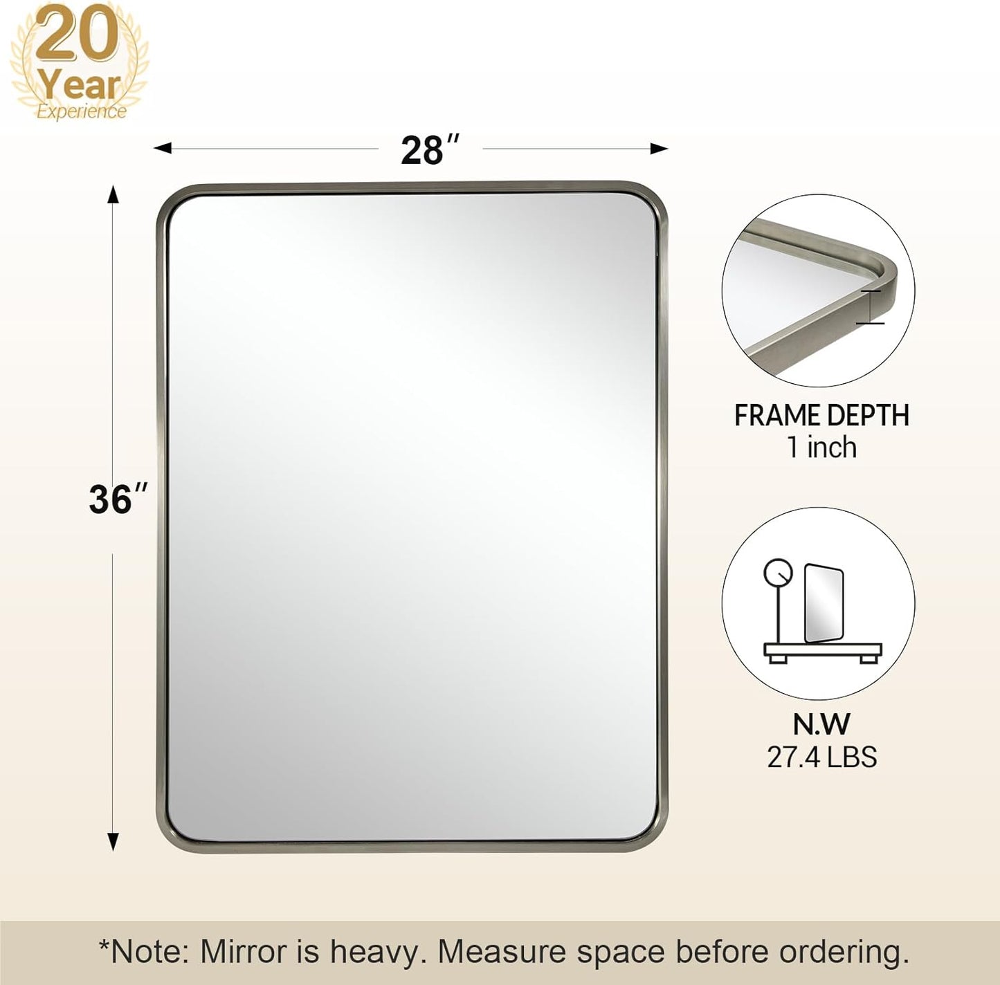 ANDY STAR 28x36 INCH Brushed Nickel Mirror, Rounded Rectangle Brushed Silver Metal Framed Mirrors for Bathroom Anti-Rust SUS304, Tube Metal Frame, 1’’ Deep Wall Mounted Vertically/Horizontal