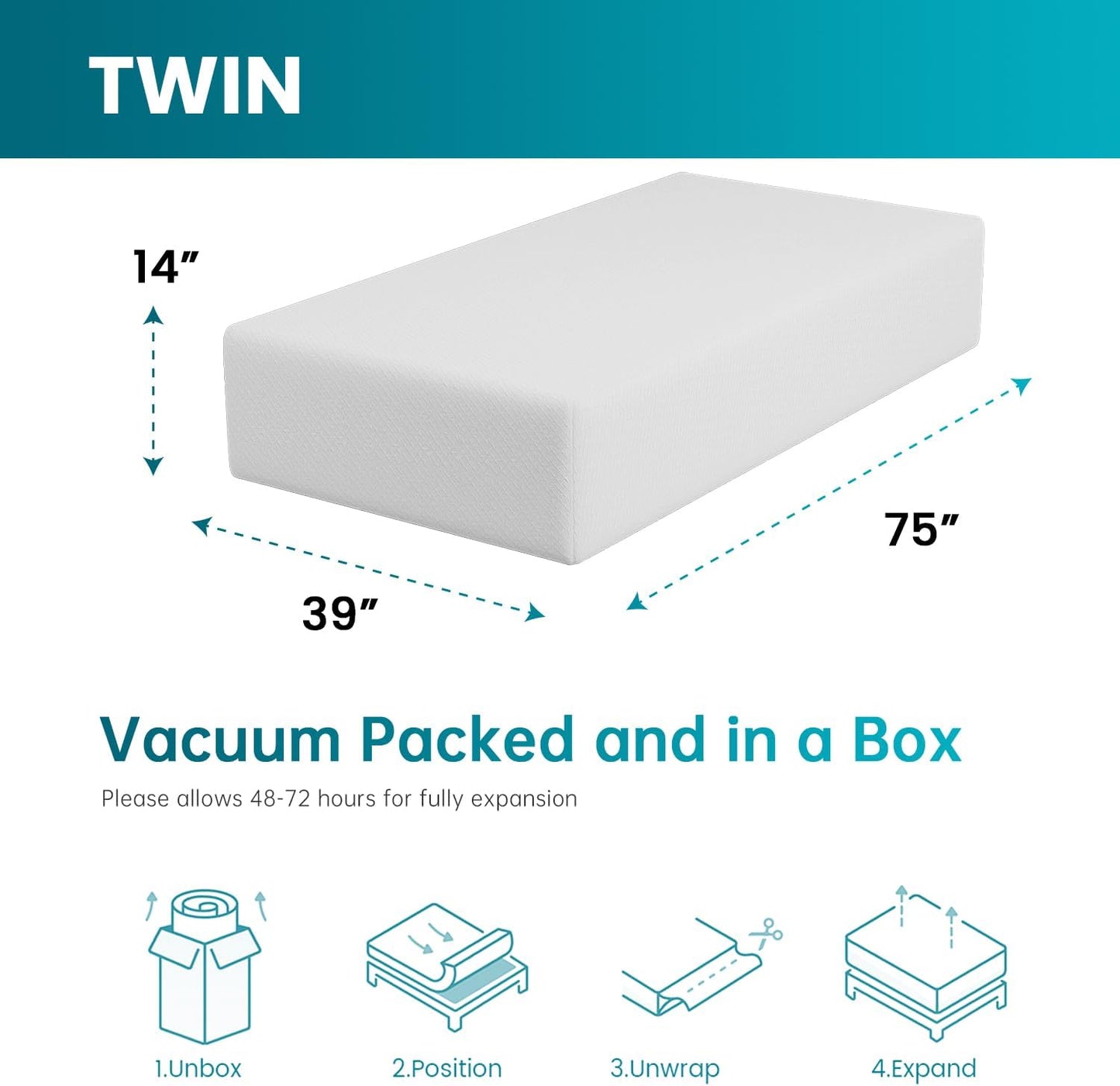 FDW | 14 Inch Twin Mattress | Medium Firm | Gel Memory Foam Mattress | White | Bed in a Box, CertiPUR-US Certified | Pressure Relief, Cooling Ventilated Foam | Washable Removable Cover
