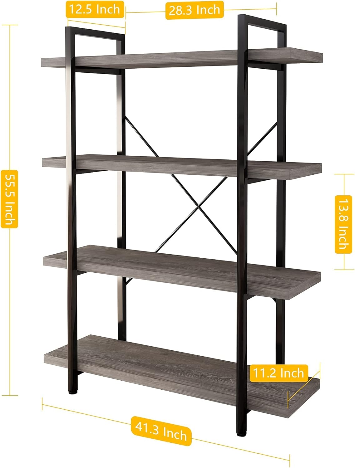45MinST 4-Tier Vintage Industrial Style Bookcase/Metal and Wood Bookshelf Furniture for Collection, Gray Oak, 3/4/5 Tier (4-Tier)