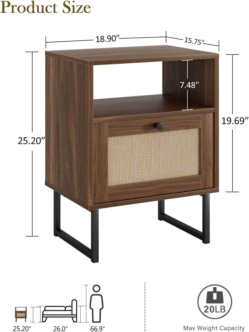 Masupu Extra Large Rattan Nightstand,Modern Boho Farmhouse Wood Bedside Table with Storage Drawer and Open Shelf, Black Frame Side End Table for Bedroom,Living Room,Office (Walnut)