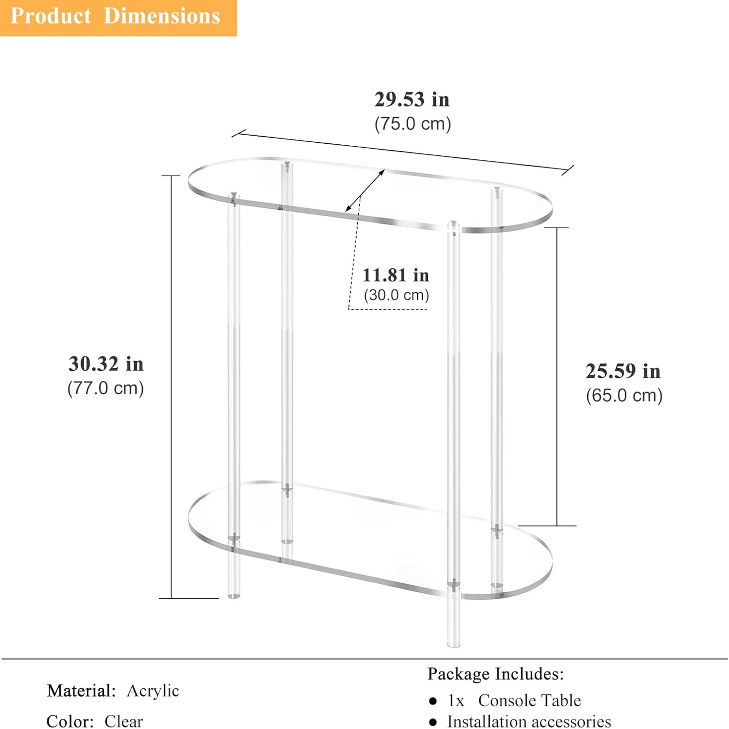 Acrylic Console Table, 2-Tier Oval Frame Sofa Table, 29.53" Small Modern Entryway Table for Living Room, Hallway, Office, Foyer, Easy Assembly (Clear)