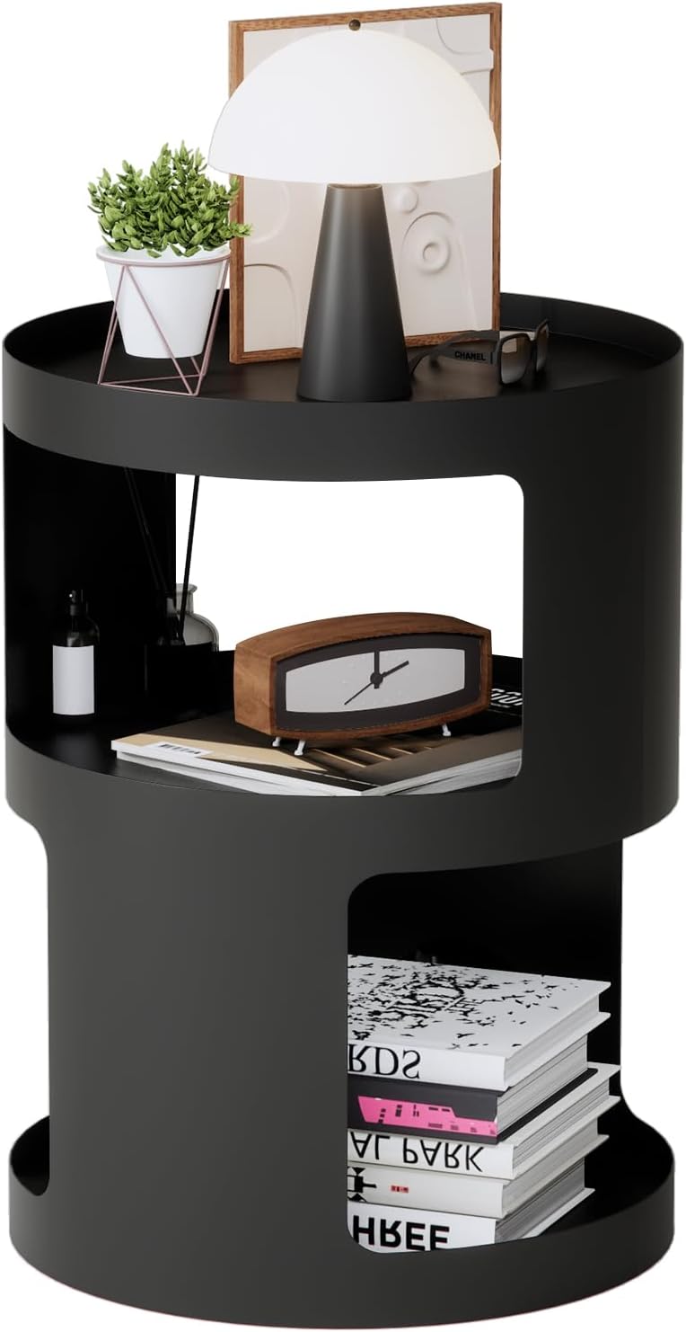 XIV Side Table, Round End Table, Modern Nightstand, Metal Accent Table, Small Bed Side Table for Living Room Bedroom, Bedside Table, Night Stand, No Assembly Required (Black, Round)