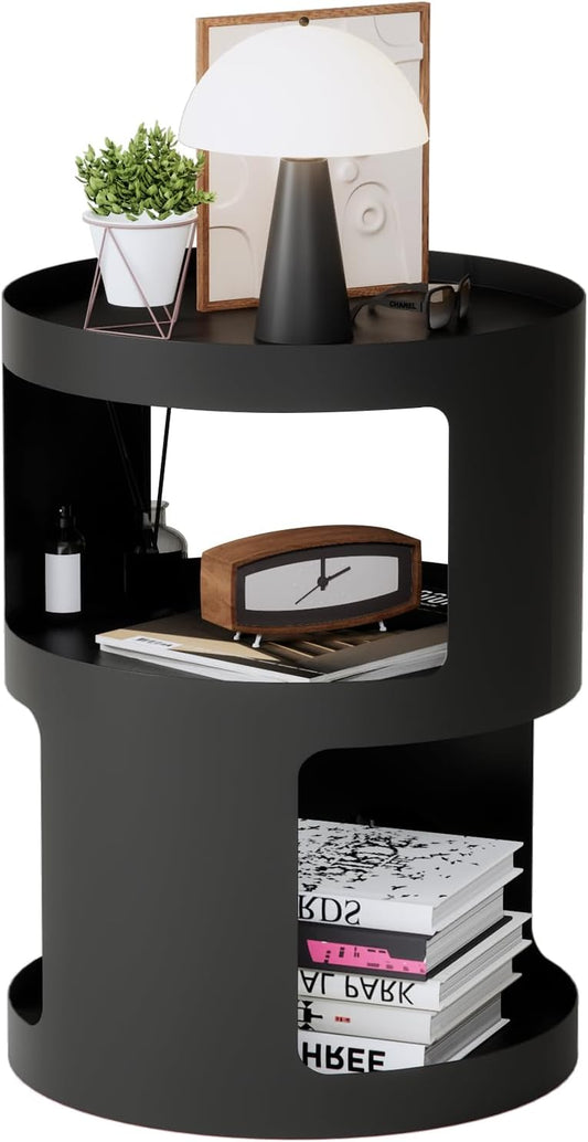 XIV Side Table, Round End Table, Modern Nightstand, Metal Accent Table, Small Bed Side Table for Living Room Bedroom, Bedside Table, Night Stand, No Assembly Required (Black, Round)